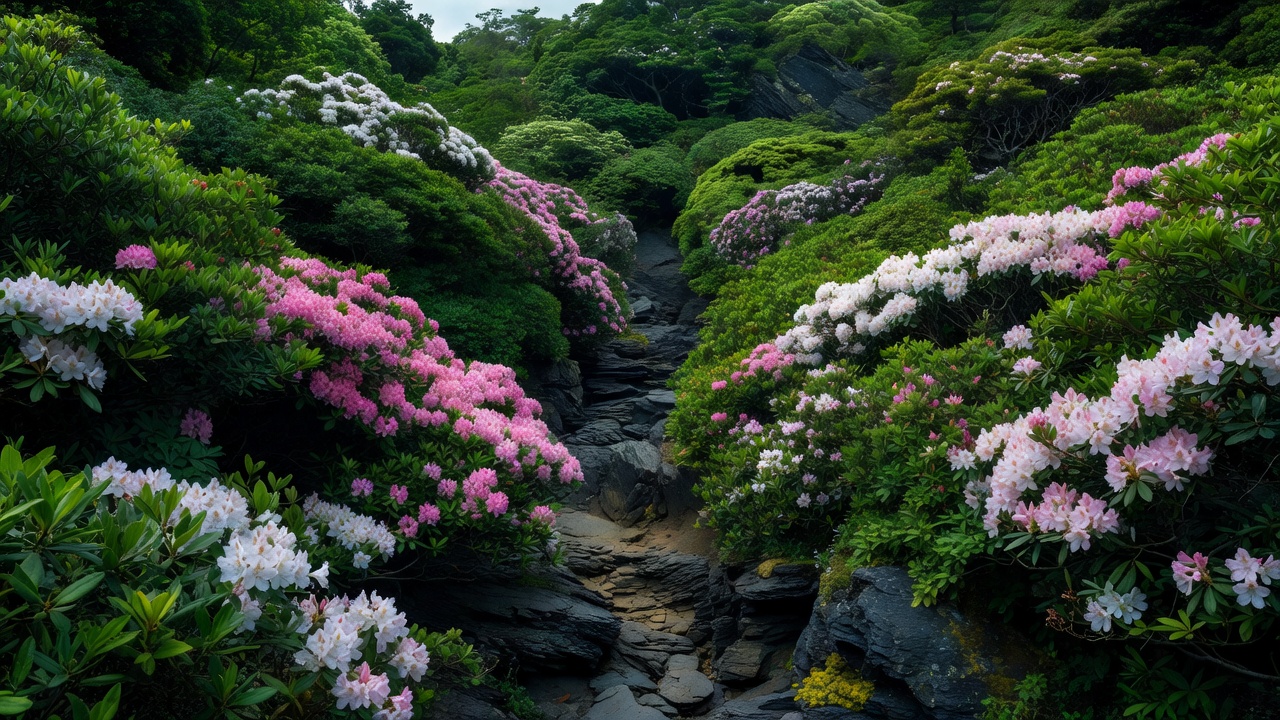 初夏の稜線道に咲くシャクナゲの花