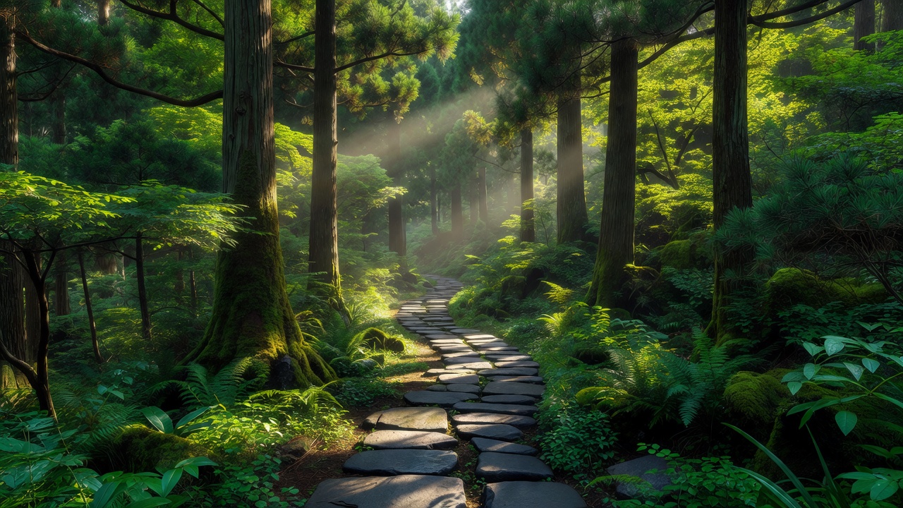 夏の木漏れ日の登山道